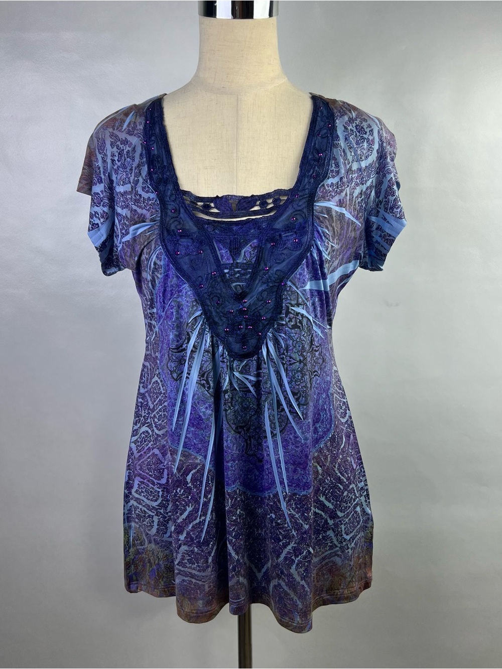 World Unity Women Blue Embellished Short Sleeve Stretch Blouse Size L
